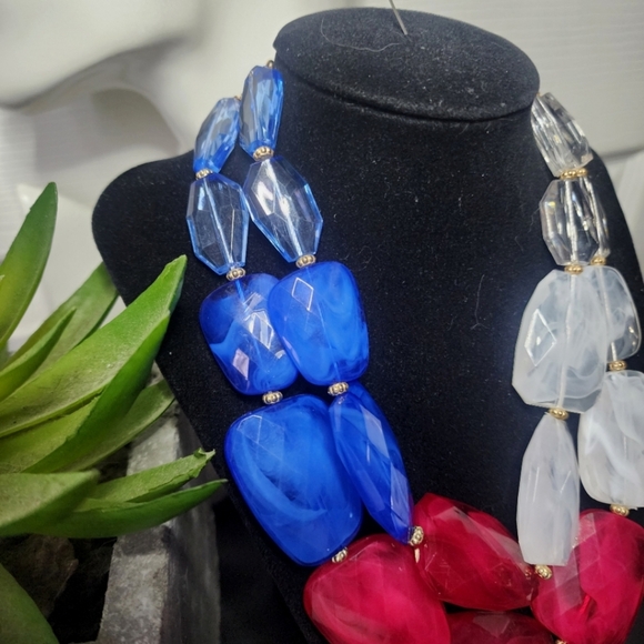 Red White and Blue Double Strand Acrylic Necklace and Earrings Set - Picture 4 of 7